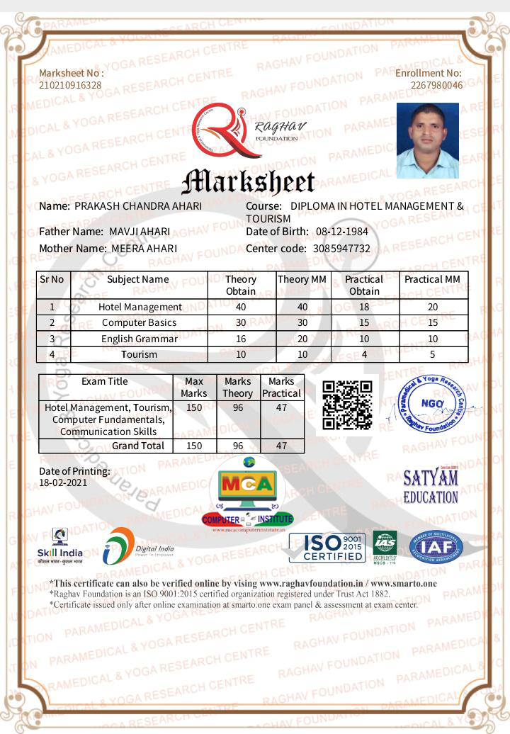 RAGHAV FUNDATION MARKSHEET SAMPLE
